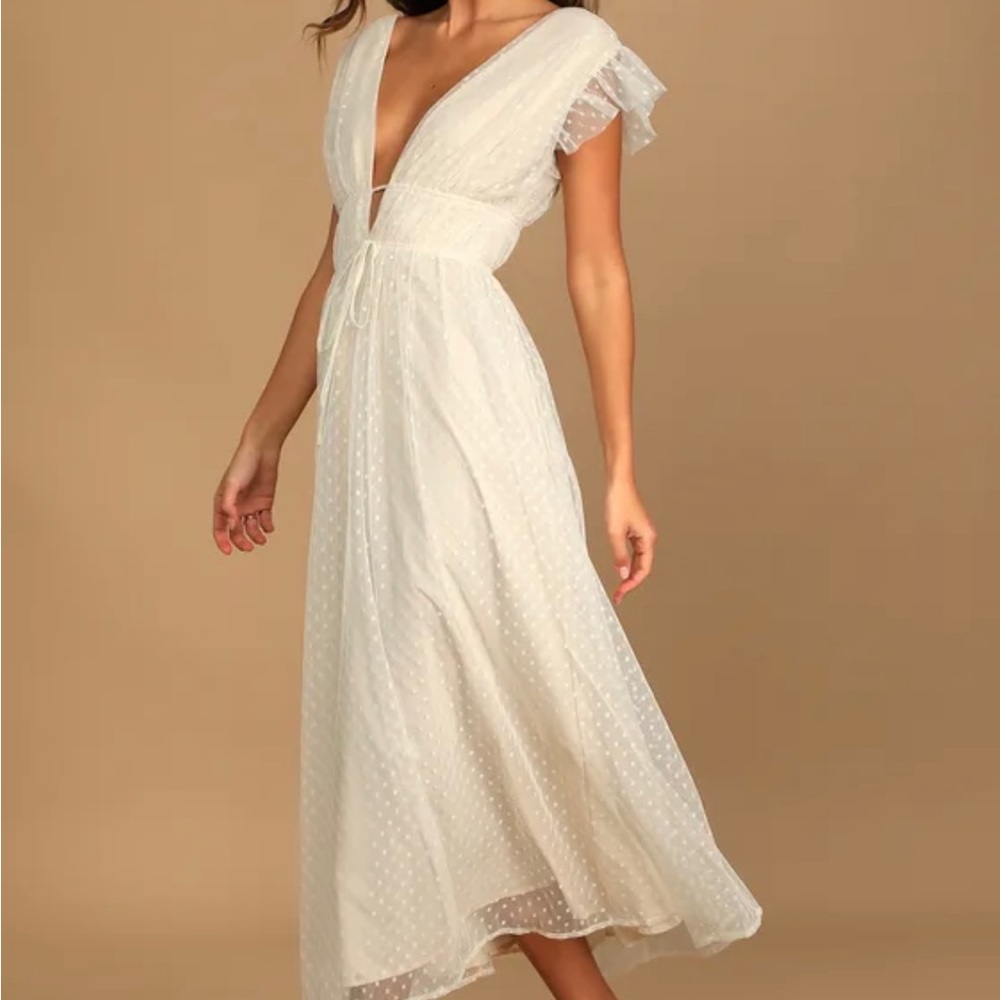 Lulu’s Yours Evermore Cream Swiss Dot Ruffled Midi Dress